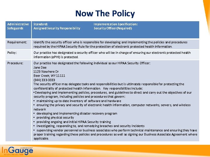 Now The Policy Administrative Safeguards Standard: Implementation Specification: Assigned Security Responsibility Security Officer(Required) Requirement: