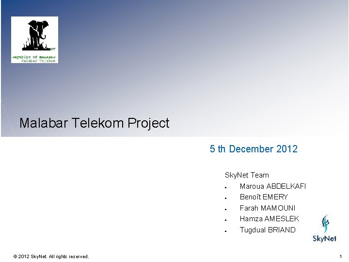 Malabar Telekom Project 5 th December 2012 Sky. Net Team Maroua ABDELKAFI Benoît EMERY