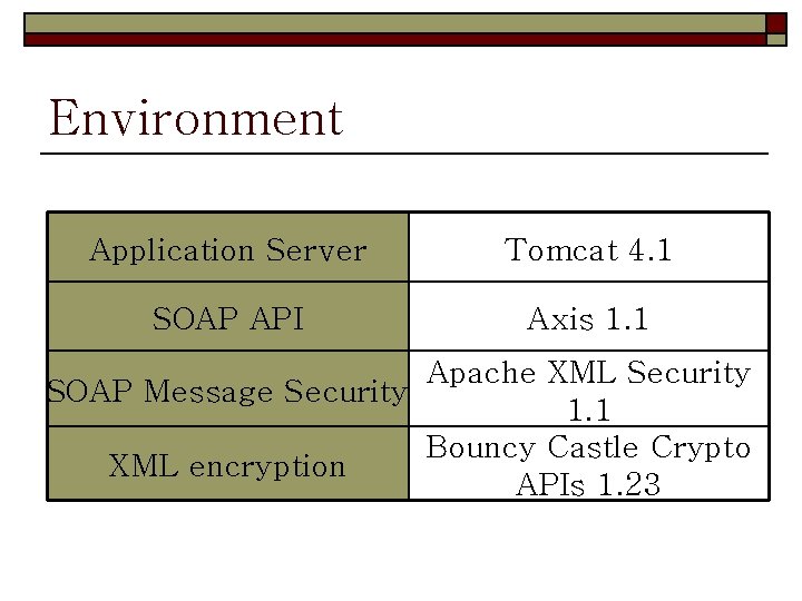 Environment Application Server Tomcat 4. 1 SOAP API Axis 1. 1 Apache XML Security Environment Application Server Tomcat 4. 1 SOAP API Axis 1. 1 Apache XML Security