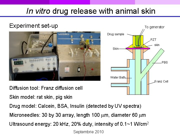 In vitro drug release with animal skin Experiment set-up To generator Drug sample PZT