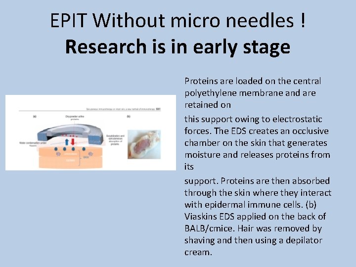 EPIT Without micro needles ! Research is in early stage Proteins are loaded on
