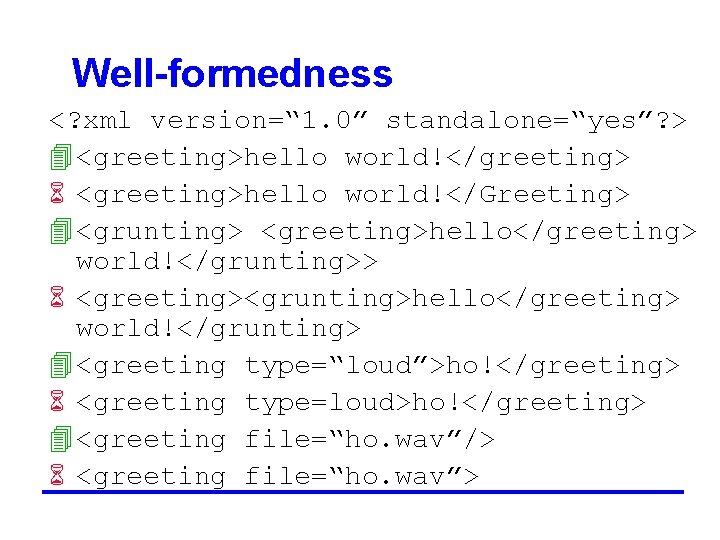  Well-formedness <? xml version=“ 1. 0” standalone=“yes”? > 4 <greeting>hello world!</greeting> 6 <greeting>hello
