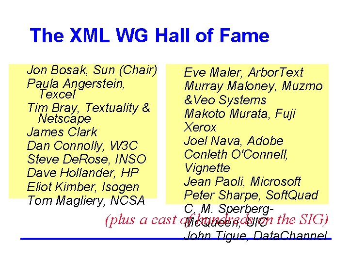 The XML WG Hall of Fame Jon Bosak, Sun (Chair) Paula Angerstein, Texcel Tim