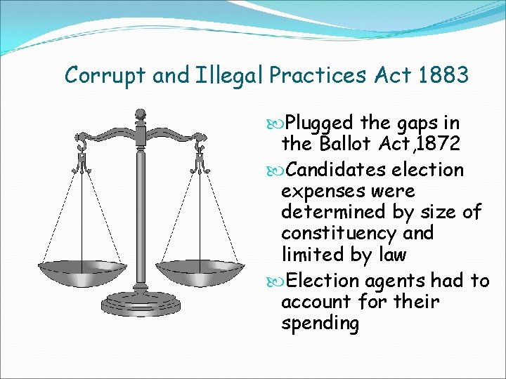 Corrupt and Illegal Practices Act 1883 Plugged the gaps in the Ballot Act, 1872