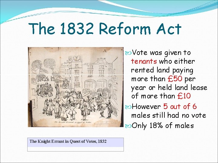 The 1832 Reform Act Vote was given to tenants who either rented land paying