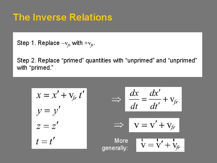 The Inverse Relations Step 1. Replace -vfr with +vfr. Step 2. Replace “primed” quantities