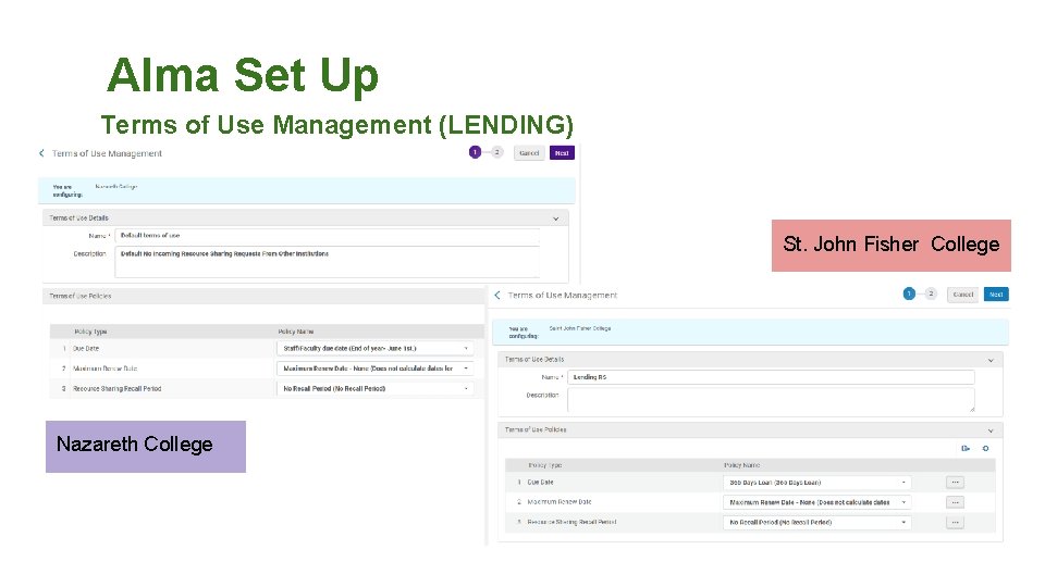 Alma Set Up Terms of Use Management (LENDING) St. John Fisher College Nazareth College