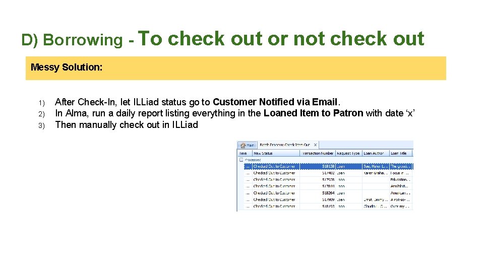 D) Borrowing - To check out or not check out Messy Solution: 1) 2)