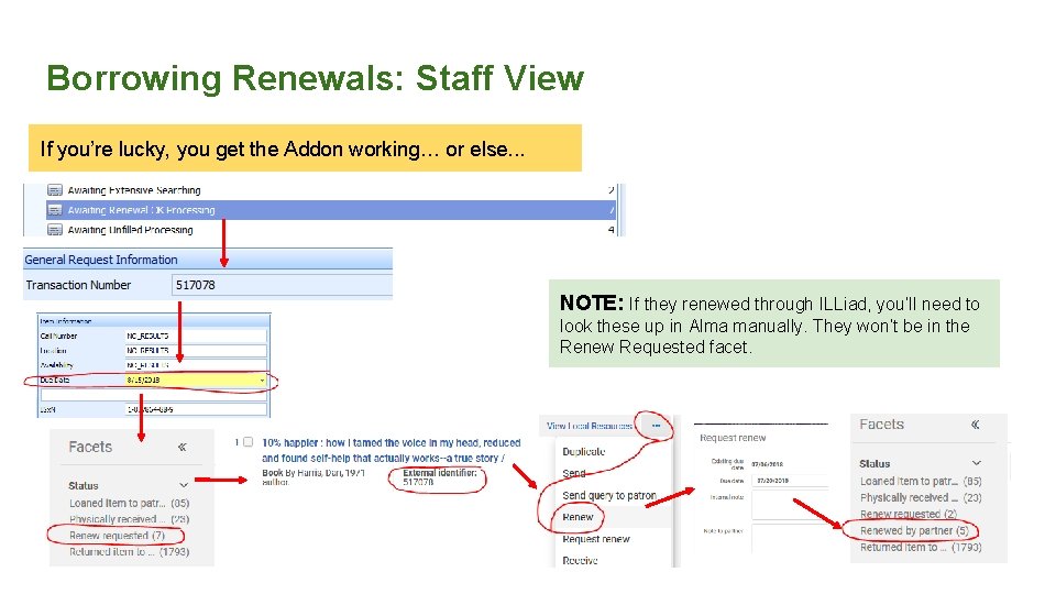 Borrowing Renewals: Staff View If you’re lucky, you get the Addon working… or else.