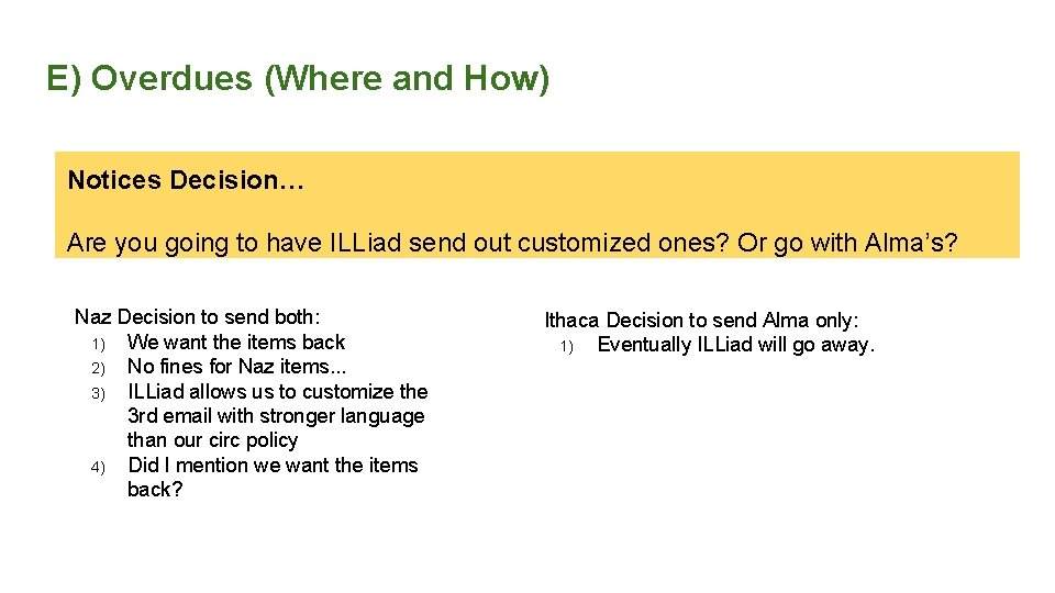 E) Overdues (Where and How) Notices Decision… Are you going to have ILLiad send