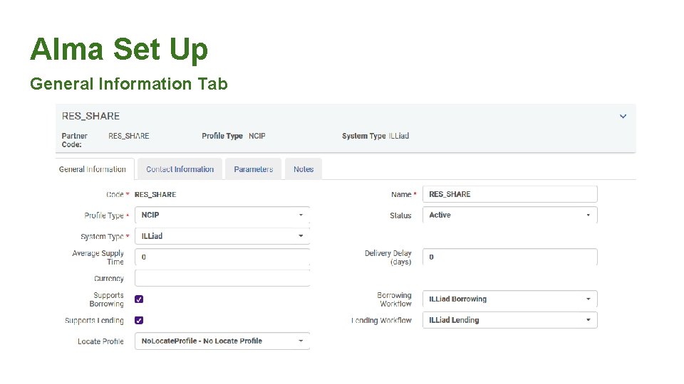 Alma Set Up General Information Tab 