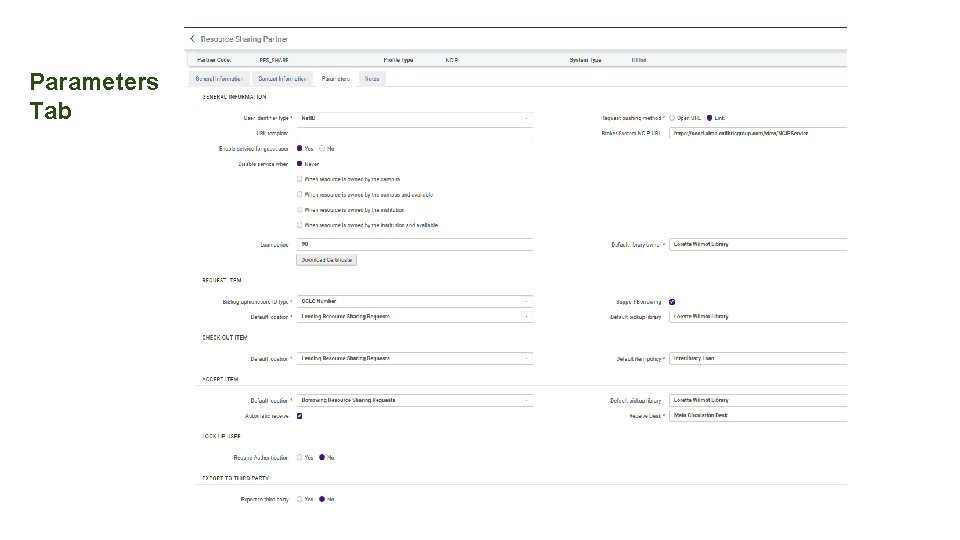 Set-up in Alma - Parameters Tab 