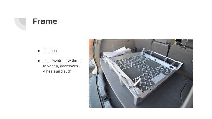Frame ● The base ● The drivetrain without to wiring, gearboxes, wheels and such Frame ● The base ● The drivetrain without to wiring, gearboxes, wheels and such