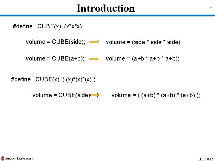 Introduction 8 #define CUBE(x) (x*x*x) volume = CUBE(side); volume = (side * side); volume