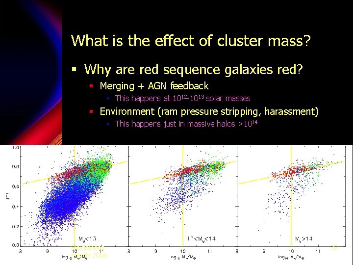 What is the effect of cluster mass? § Why are red sequence galaxies red?