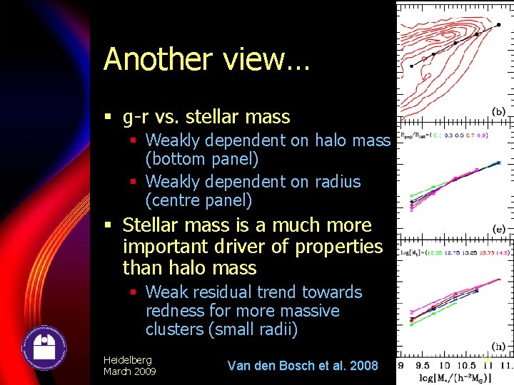 Another view… § g-r vs. stellar mass § Weakly dependent on halo mass (bottom