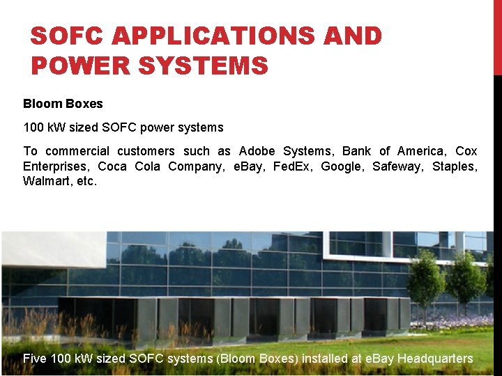 SOFC APPLICATIONS AND POWER SYSTEMS Bloom Boxes 100 k. W sized SOFC power systems