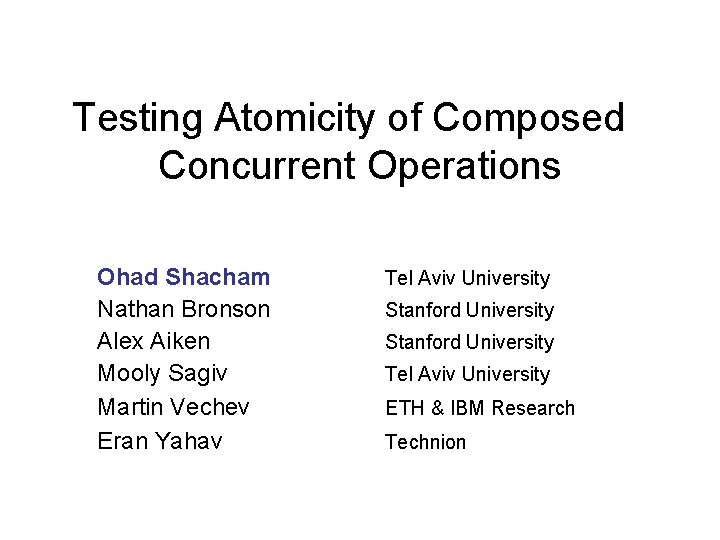 Testing Atomicity of Composed Concurrent Operations Ohad Shacham Nathan Bronson Alex Aiken Mooly Sagiv