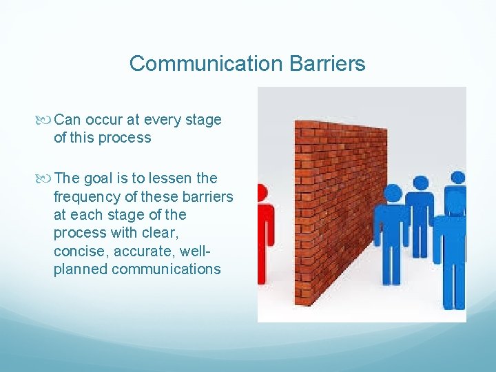 Communication Barriers Can occur at every stage of this process The goal is to