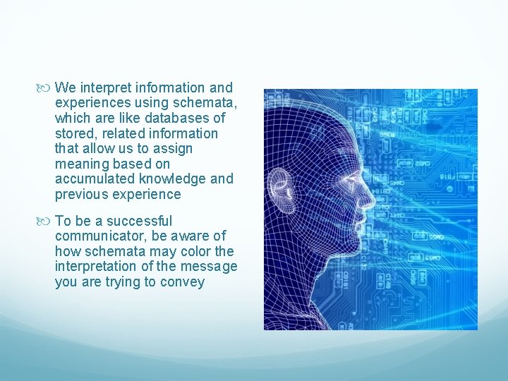  We interpret information and experiences using schemata, which are like databases of stored,