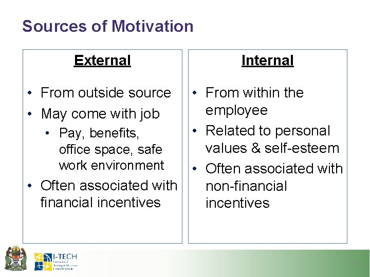 Sources of Motivation External Internal • From outside source • May come with job