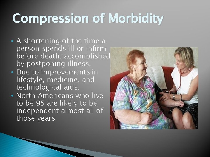 Compression of Morbidity • A shortening of the time a person spends ill or