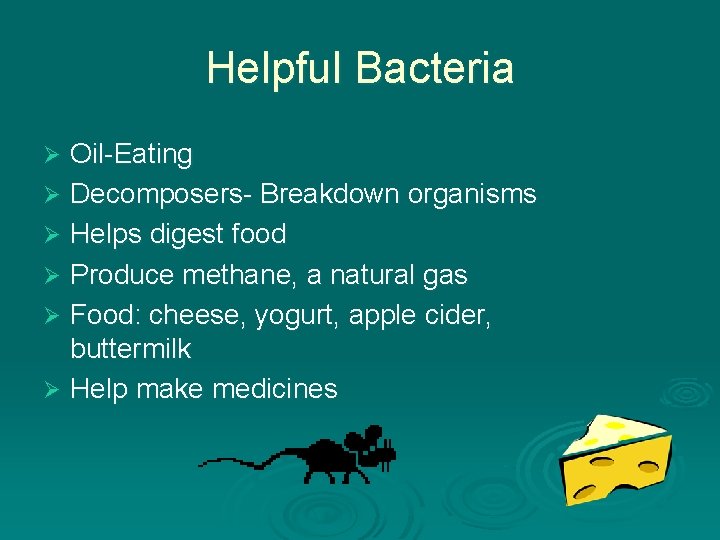 Helpful Bacteria Oil-Eating Ø Decomposers- Breakdown organisms Ø Helps digest food Ø Produce methane, Helpful Bacteria Oil-Eating Ø Decomposers- Breakdown organisms Ø Helps digest food Ø Produce methane,
