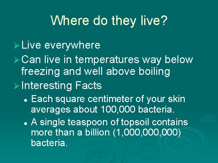 Where do they live? Ø Live everywhere Ø Can live in temperatures way below Where do they live? Ø Live everywhere Ø Can live in temperatures way below