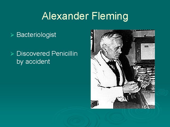 Alexander Fleming Ø Bacteriologist Ø Discovered Penicillin by accident Alexander Fleming Ø Bacteriologist Ø Discovered Penicillin by accident
