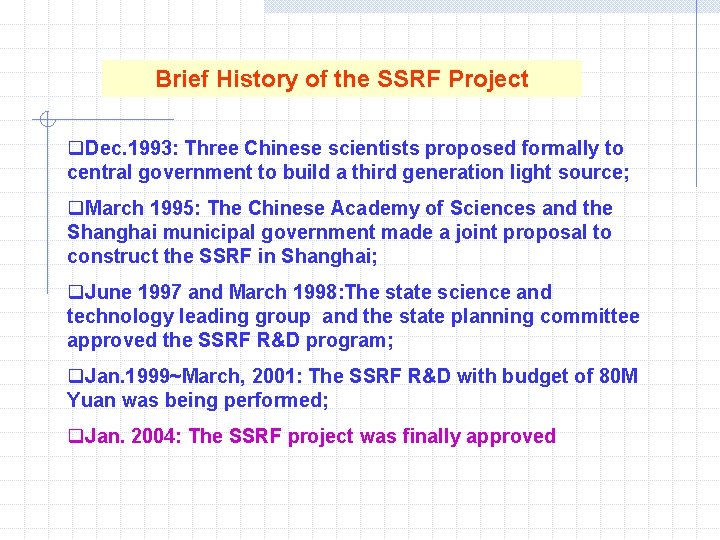 Brief History of the SSRF Project q. Dec. 1993: Three Chinese scientists proposed formally