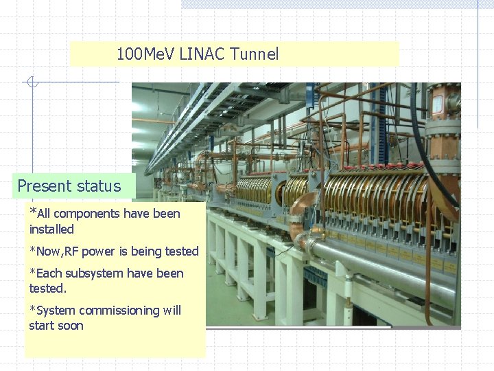  100 Me. V LINAC Tunnel Present status *All components have been installed *Now,