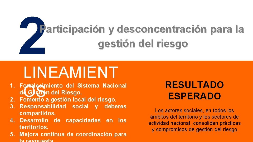 2 Participación y desconcentración para la gestión del riesgo LINEAMIENT OS 1. Fortalecimiento del