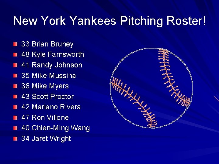 New York Yankees Pitching Roster! 33 Brian Bruney 48 Kyle Farnsworth 41 Randy Johnson