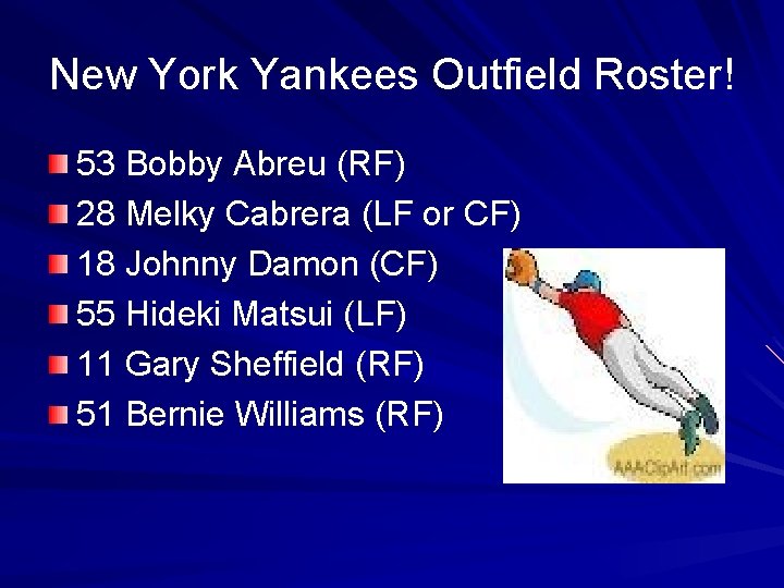 New York Yankees Outfield Roster! 53 Bobby Abreu (RF) 28 Melky Cabrera (LF or