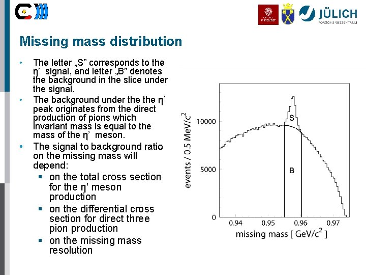 Missing mass distribution • • • The letter „S” corresponds to the η’ signal,