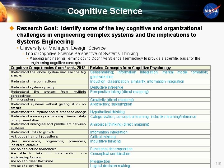 Cognitive Science u Research Goal: Identify some of the key cognitive and organizational challenges