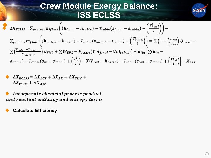 Crew Module Exergy Balance: ISS ECLSS u 38 