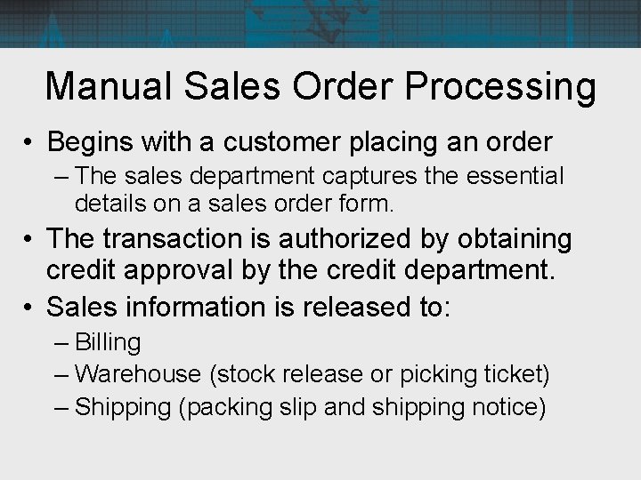 Manual Sales Order Processing • Begins with a customer placing an order – The