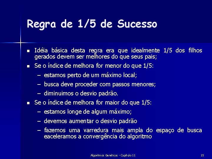 Regra de 1/5 de Sucesso n Idéia básica desta regra era que idealmente 1/5