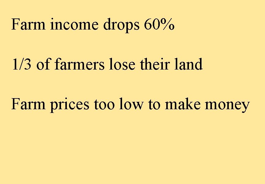 Farm income drops 60% 1/3 of farmers lose their land Farm prices too low