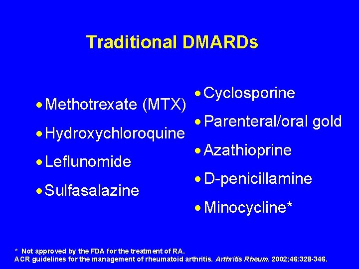 Traditional DMARDs · Methotrexate (MTX) · Hydroxychloroquine · Leflunomide · Sulfasalazine · Cyclosporine ·