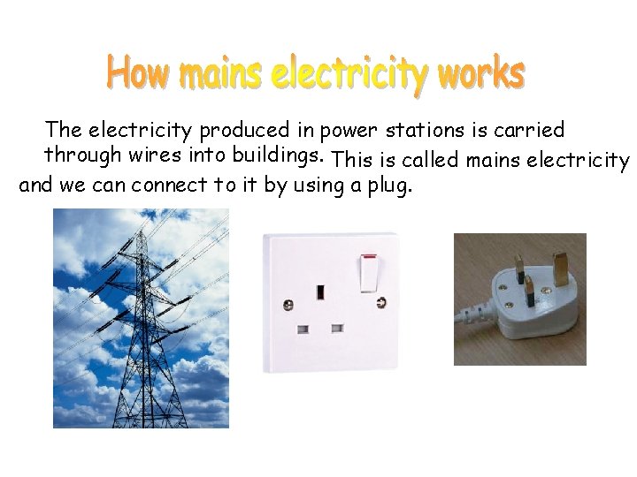 The electricity produced in power stations is carried through wires into buildings. This is