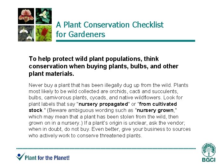 A Plant Conservation Checklist for Gardeners To help protect wild plant populations, think conservation