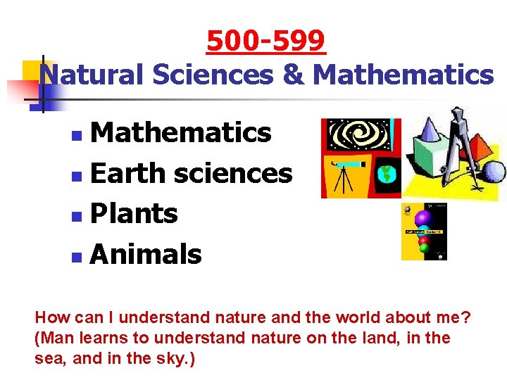 500 -599 Natural Sciences & Mathematics n Earth sciences n Plants n Animals n