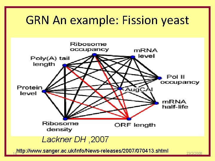 GRN An example: Fission yeast Lackner DH , 2007 http: //www. sanger. ac. uk/Info/News-releases/2007/070413.