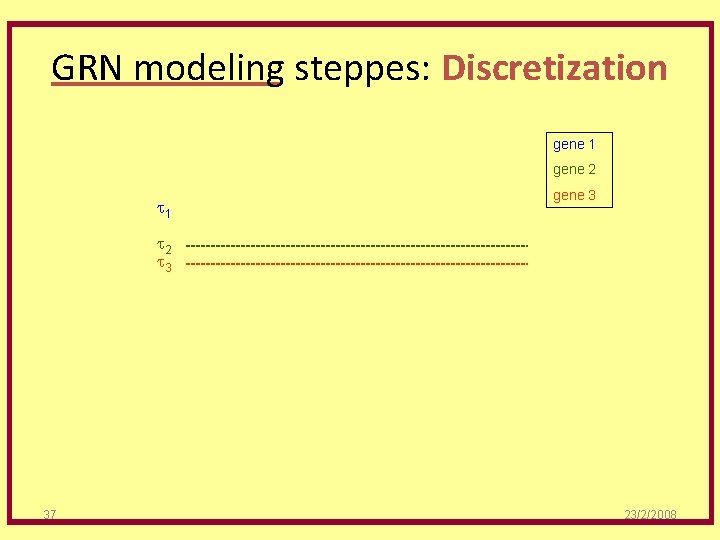 GRN modeling steppes: Discretization gene 1 gene 2 t 1 gene 3 t 2
