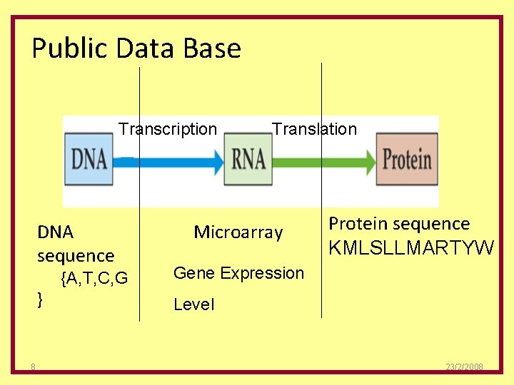Public Data Base Transcription DNA sequence {A, T, C, G } 8 Translation Microarray