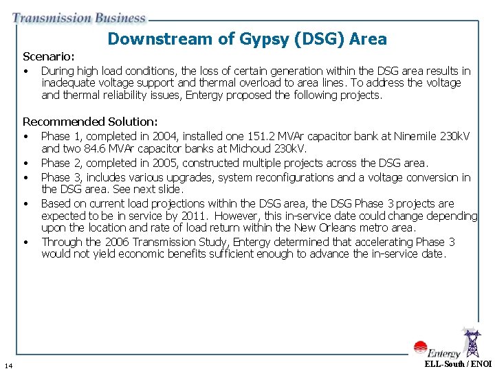 Downstream of Gypsy (DSG) Area Scenario: • During high load conditions, the loss of