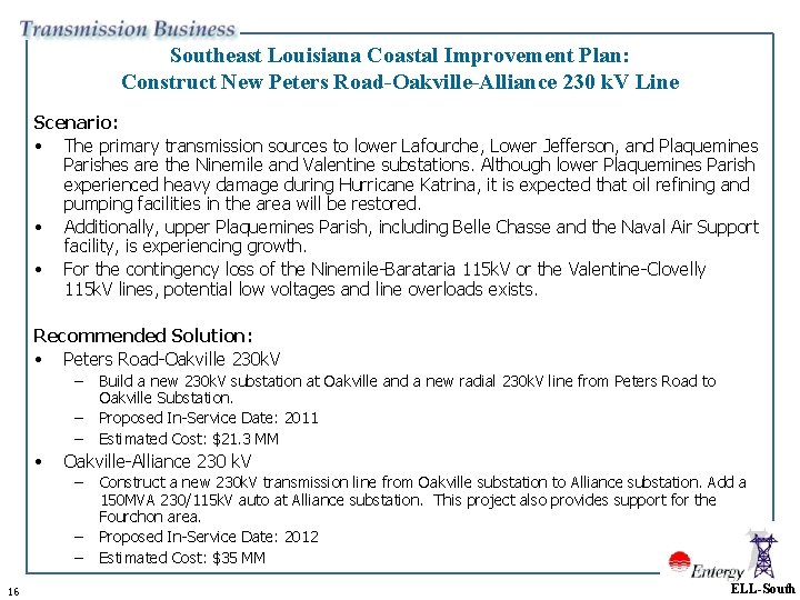 Southeast Louisiana Coastal Improvement Plan: Construct New Peters Road-Oakville-Alliance 230 k. V Line Scenario: