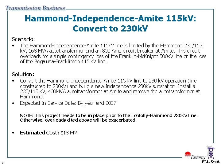 Hammond-Independence-Amite 115 k. V: Convert to 230 k. V Scenario: • The Hammond-Independence-Amite 115
